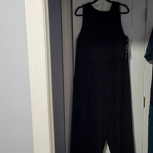 Tahari black pantsuit with chiffon split cape